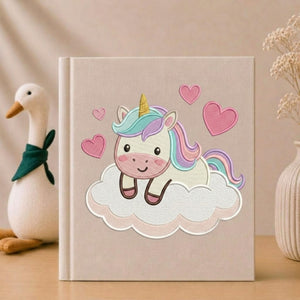 Cute Unicorn Baby Photo Album - Linen Fabric Scrapbook, Cloud & Heart Embroidered Cover, Baby Memory Book, Baby Shower Gift