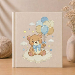 Cute Teddy Bear Photo Album - Linen Hardcover Baby Memory Book with Embroidered Balloons, Baby Keepsake Album, Baby Shower Gift