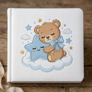 Sleeping Teddy Bear Photo Album - Linen Hardcover Baby Memory Book with Embroidered Star, Baby Keepsake Album, Baby Shower Gift
