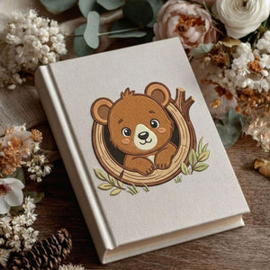 Cute Embroidered Bear Photo Album - Soft Linen Cover with Tree Trunk Design