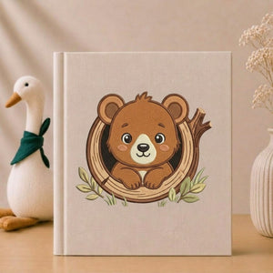 Cute Embroidered Bear Photo Album - Soft Linen Cover with Tree Trunk Design