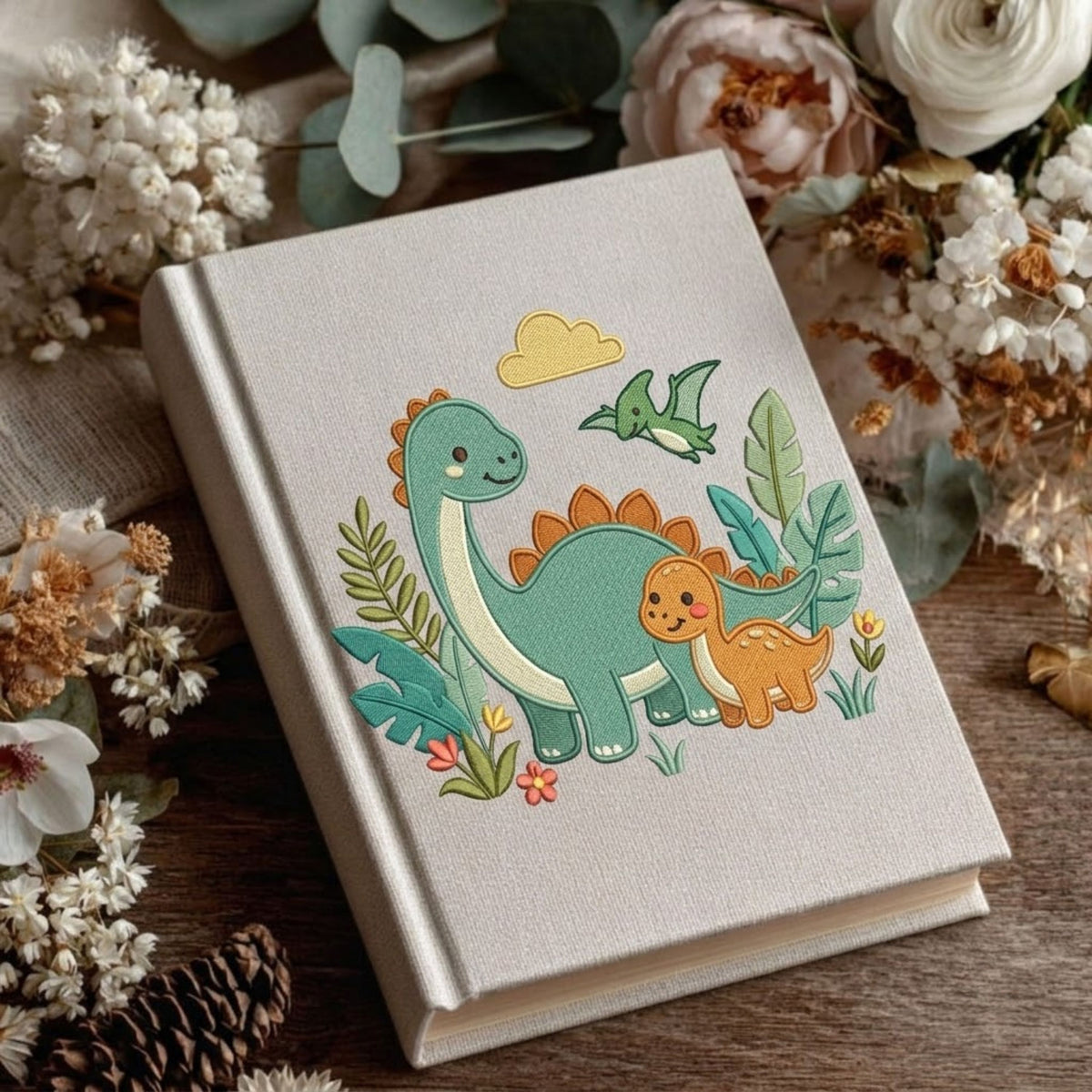 Little Dinosaur Adventures Photo Album - Soft Linen Cover with Prehistoric Friends