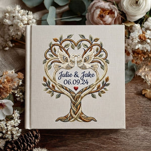 Personalized Embroidered Wedding Photo Album - Custom Love Birds Tree of Life Album - Wedding Guest Book Alternative - Anniversary Keepsake Gift for Couples