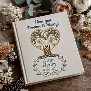 Personalized Embroidered Wedding Photo Album - Custom Forever & Always Memory Book - Love Birds Tree of Life Keepsake - Anniversary Gift for Couples