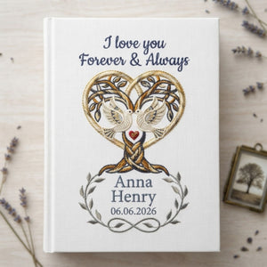 Personalized Embroidered Wedding Photo Album - Custom Forever & Always Memory Book - Love Birds Tree of Life Keepsake - Anniversary Gift for Couples
