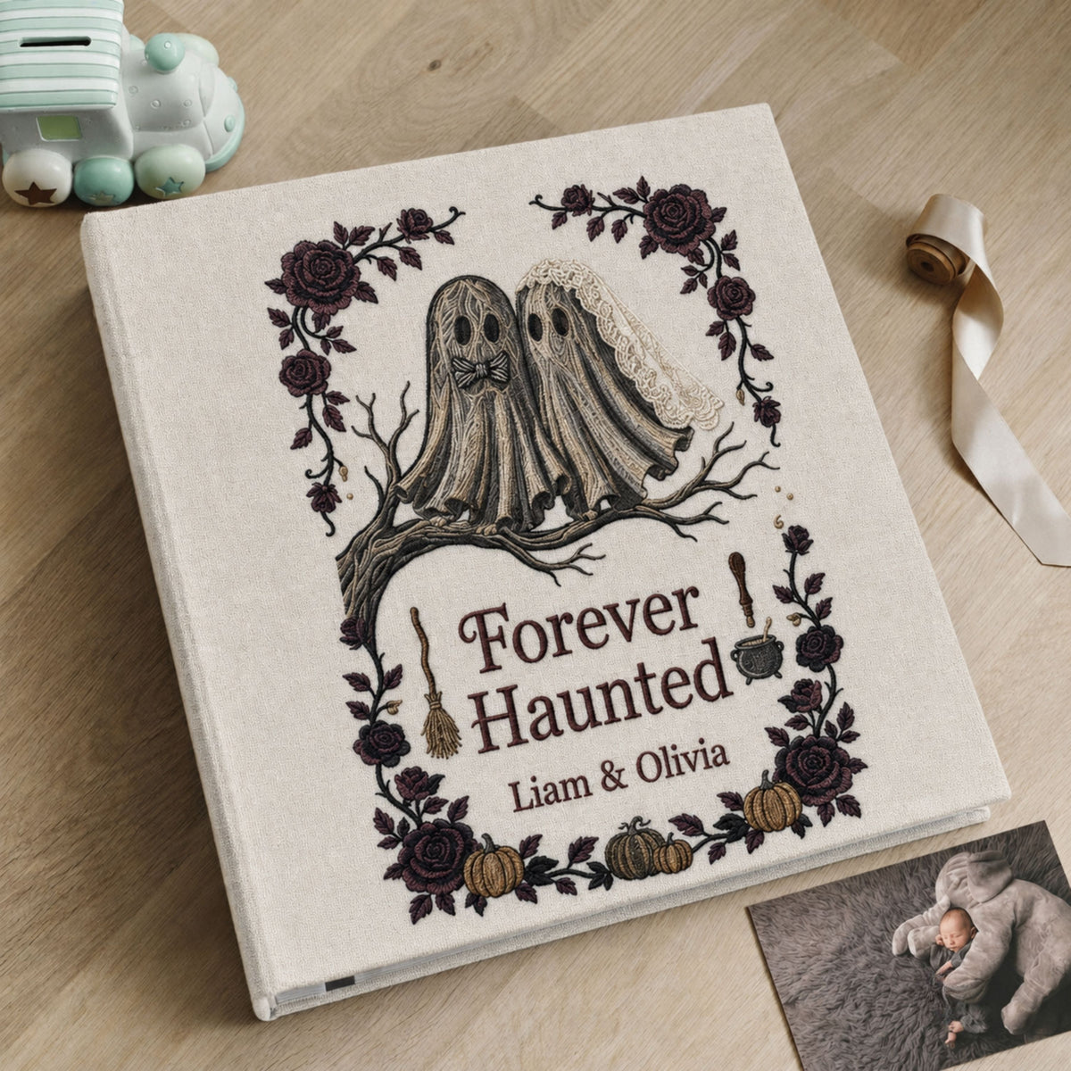 Personalized Embroidered Ghost Couple Photo Album - Forever Haunted Wedding Memory Book - Gothic Halloween Keepsake - Custom Anniversary Gift