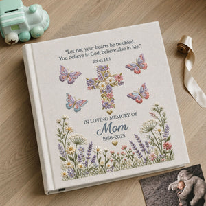 Personalized Memorial Photo Album for Mom Christian Remembrance Book Floral Cross Butterfly Sympathy Gift In Loving Memory Keepsake