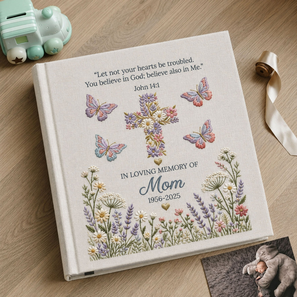 Personalized Memorial Photo Album for Mom Christian Remembrance Book Floral Cross Butterfly Sympathy Gift In Loving Memory Keepsake