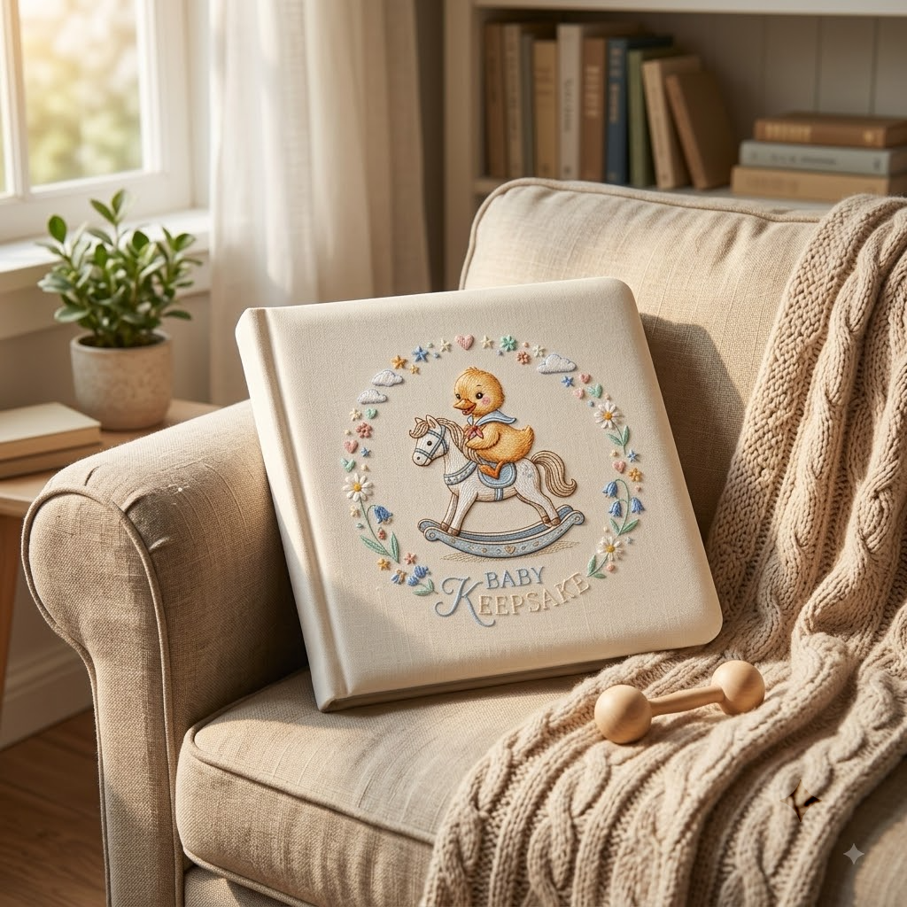 Duckling Embroidery Photo Album, Cute Rocking Horse Baby Keepsake