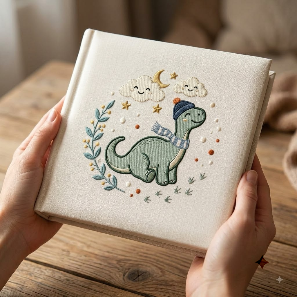 Dinosaur Embroidery Photo Album, Cute Dino Adventure Baby Memory Book