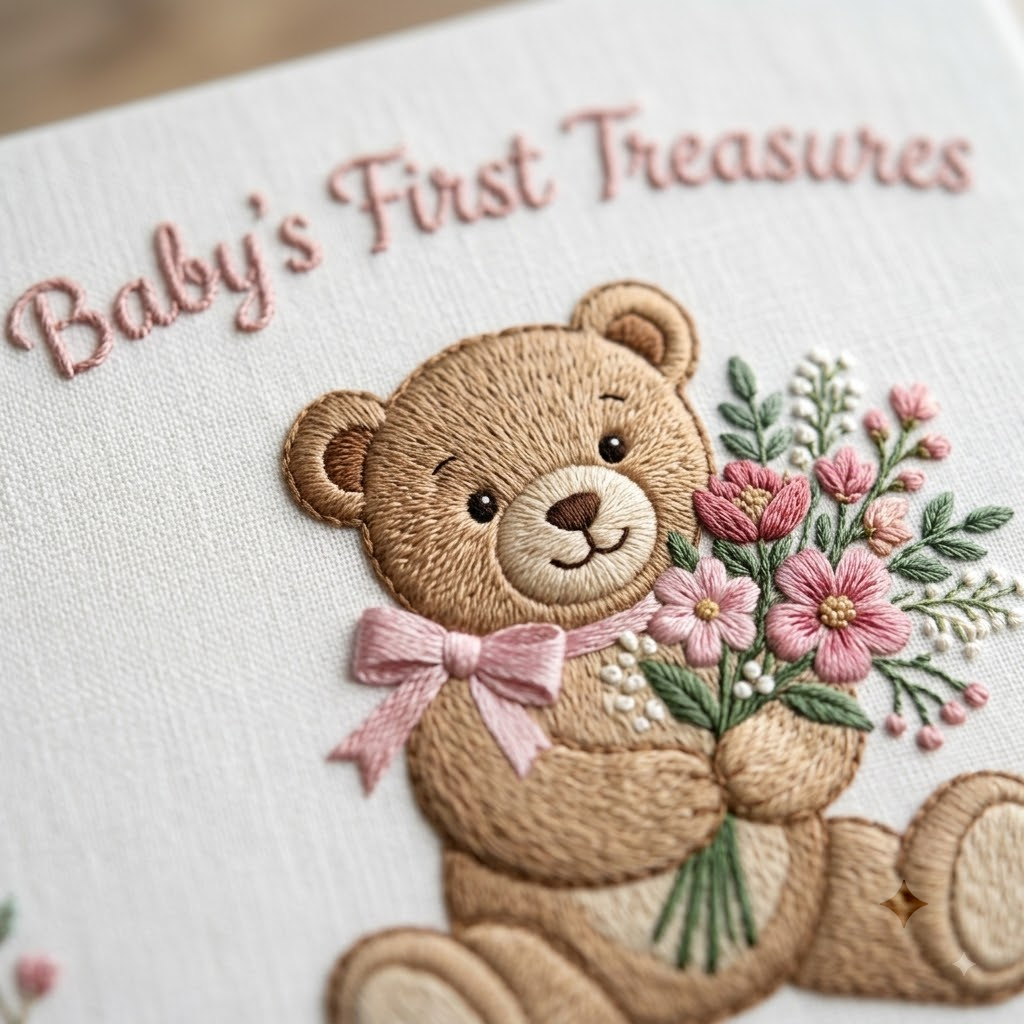 Embroidered Photo Album With Teddy Bear And Floral Bouquet, Baby Keepsake