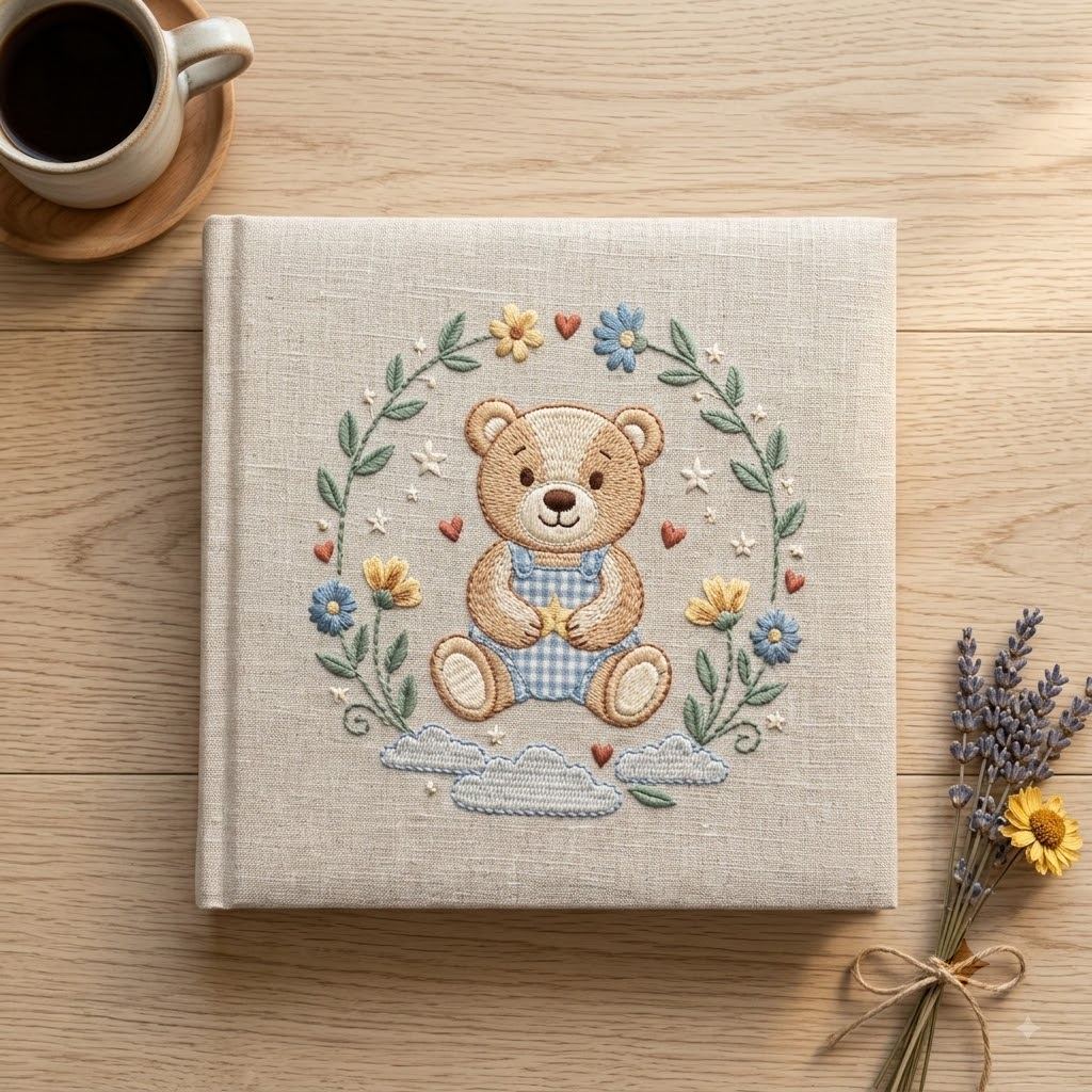 Embroidered Photo Album With Cute Teddy Bear, Personalized Baby Memory