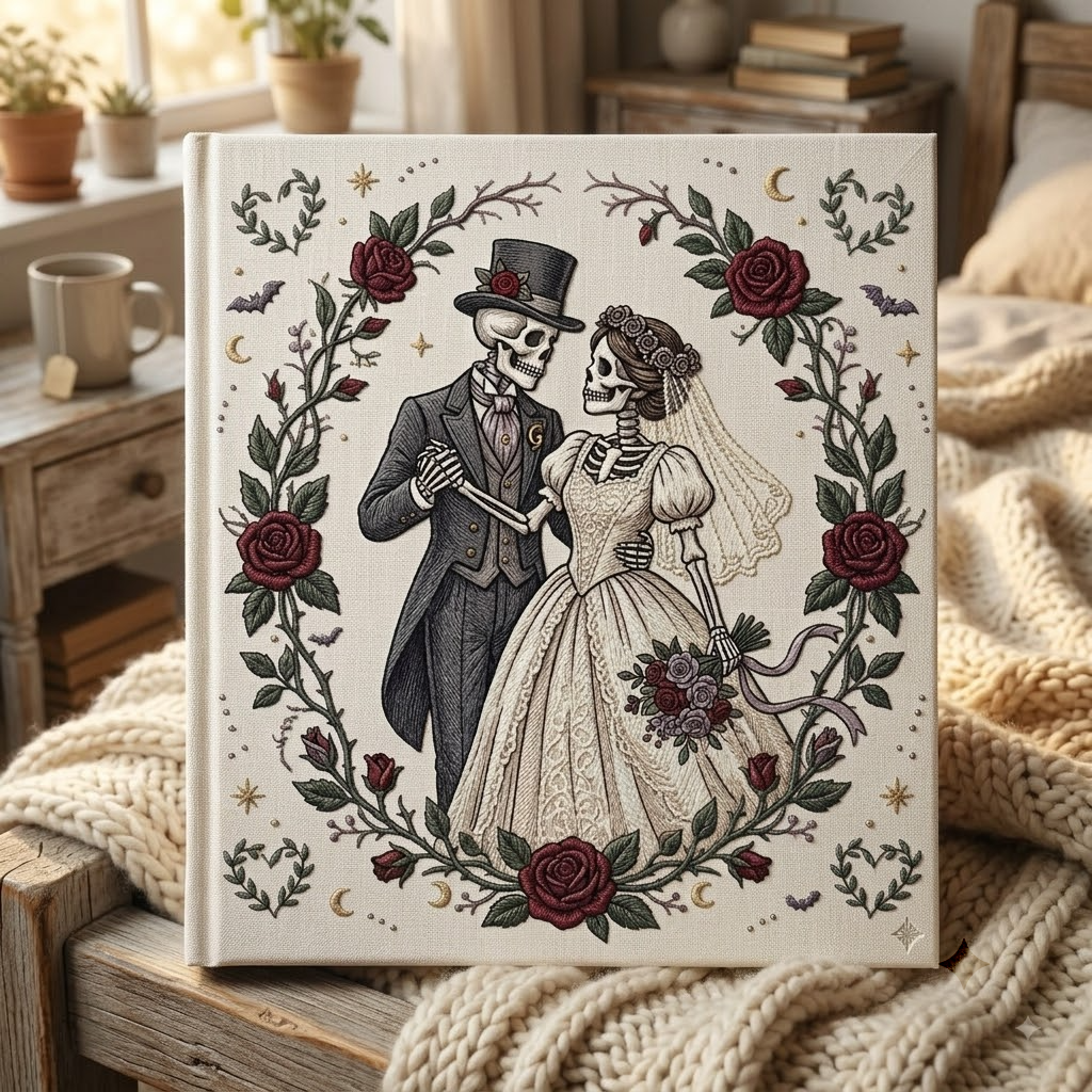 Gothic Wedding Skeleton Couple Embroidered Photo Album, Skull Bride Groom Gift