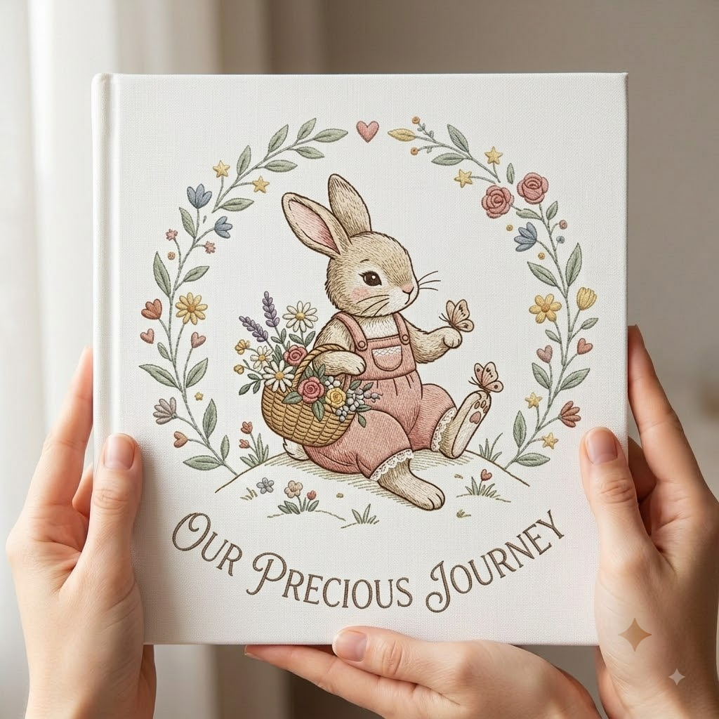 Bunny Embroidery Photo Album, Cute Rabbit With Flower Basket