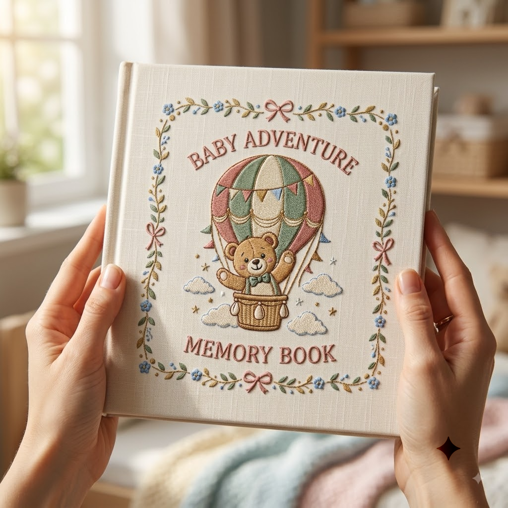 Cute Teddy Bear Embroidery Photo Album, Baby Adventure Memory Book