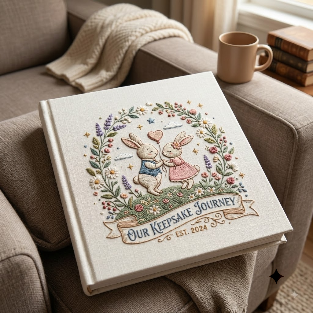 Embroidered Photo Album, Cute Bunny Couple, Floral Garden Baby Keepsake