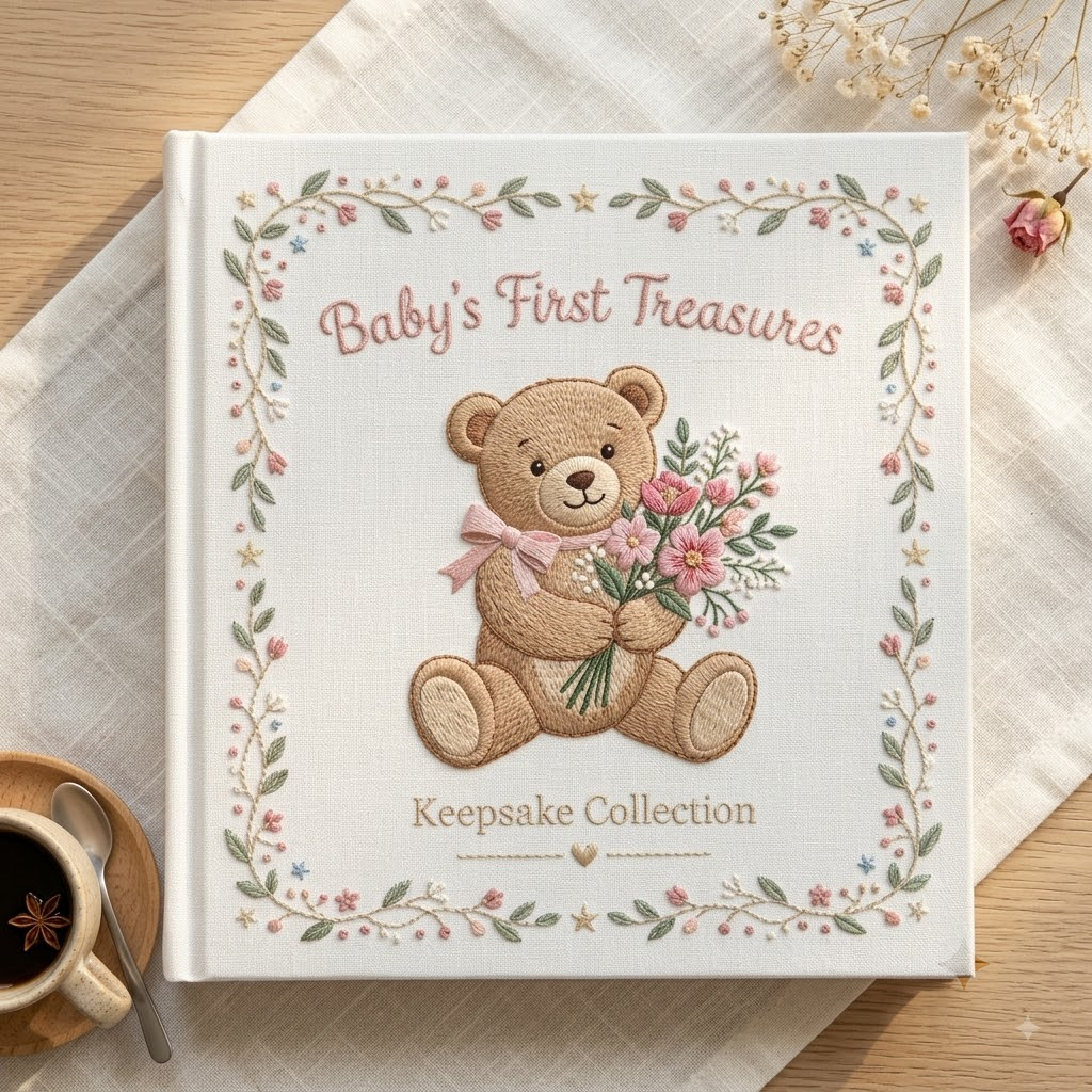 Embroidered Photo Album With Teddy Bear And Floral Bouquet, Baby Keepsake