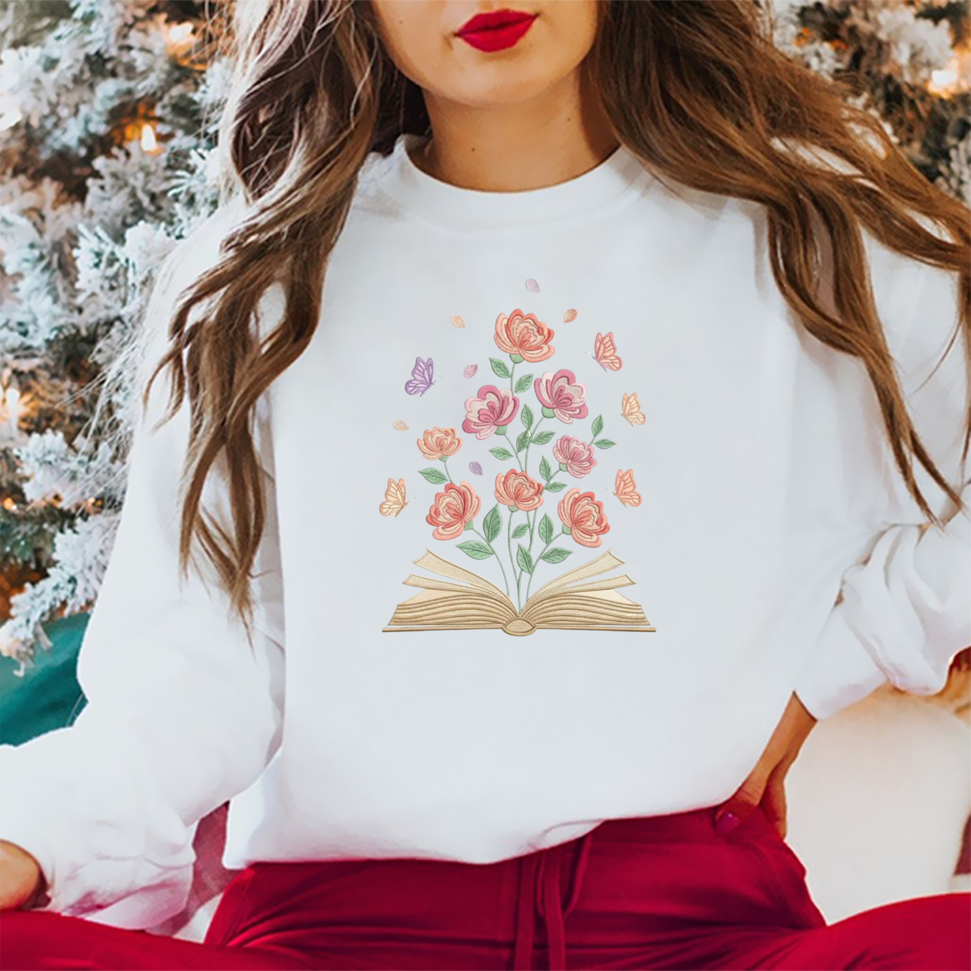 Open Book Floral Embroidery Design, Butterflies, Reading Lover Machine - Sweatshirt