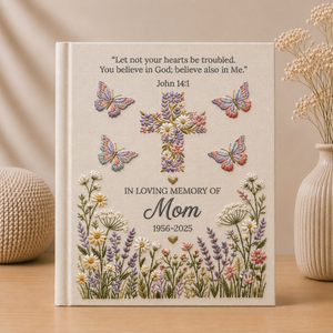 Personalized Memorial Photo Album for Mom Christian Remembrance Book Floral Cross Butterfly Sympathy Gift In Loving Memory Keepsake