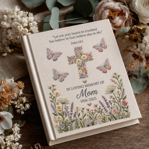 Personalized Memorial Photo Album for Mom Christian Remembrance Book Floral Cross Butterfly Sympathy Gift In Loving Memory Keepsake