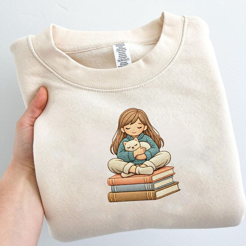 Girl Love Book And Cat Embroidery File Reading Girl Stitch Design