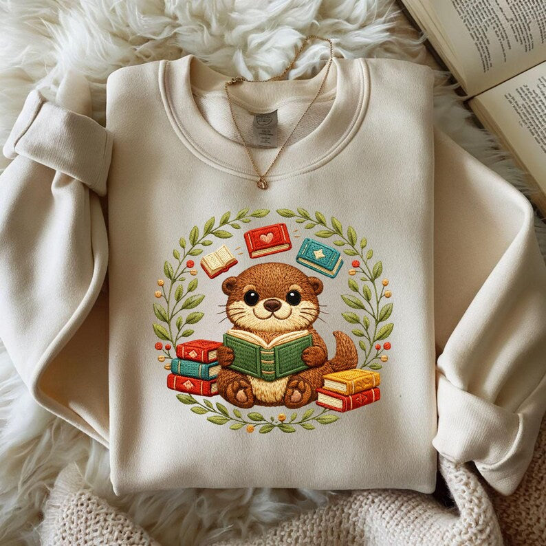 Otter Reading Books Embroidery Design (Digital File)