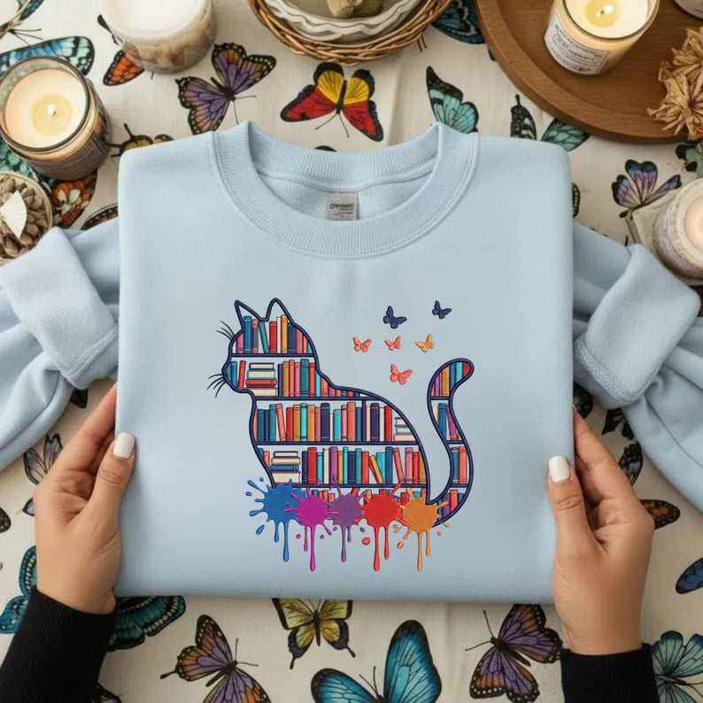 Bookish Cat Embroidery File Book Lover Cat Machine Stitch Design Reading Cat Library Pattern