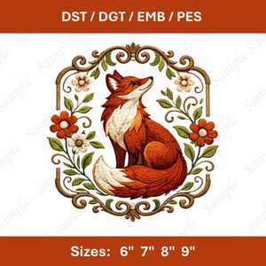 Floral Fox Machine Embroidery Design, Woodland Animals (Digital Download)