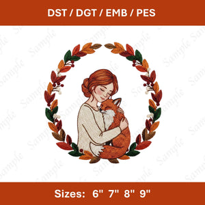Girl And Fox Embroidery File Woodland Fantasy Child Illustration Machine Stitch Desig