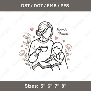 Mom's Peace Embroidery File: Mother Child Reading, Floral Coffee Design (Digital File)