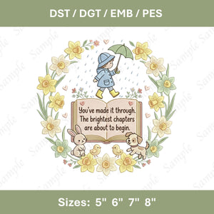 Embroidery Design – Child, Bunny, Puppy, Daffodils, Storybook (Digital File)