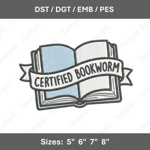 Certified Bookworm Embroidery Design: Open Book Reading Quote Stitch (Digital File)