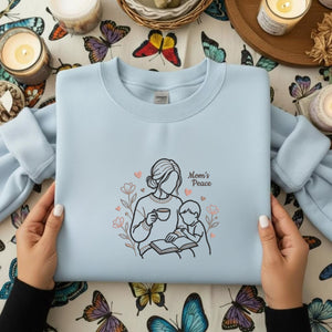 Mom's Peace Embroidery File: Mother Child Reading, Floral Coffee Design (Digital File)