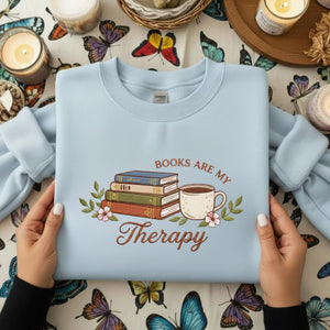 Books Are My Therapy Embroidery Design: Cozy Book Lover Coffee Floral Stack (Digital File)