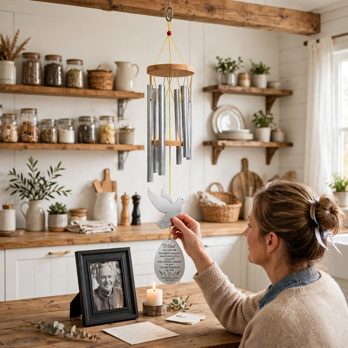 Memorial Wind Chimes For Loss Of Father, Custom Flying Dove Remembrance Gift
