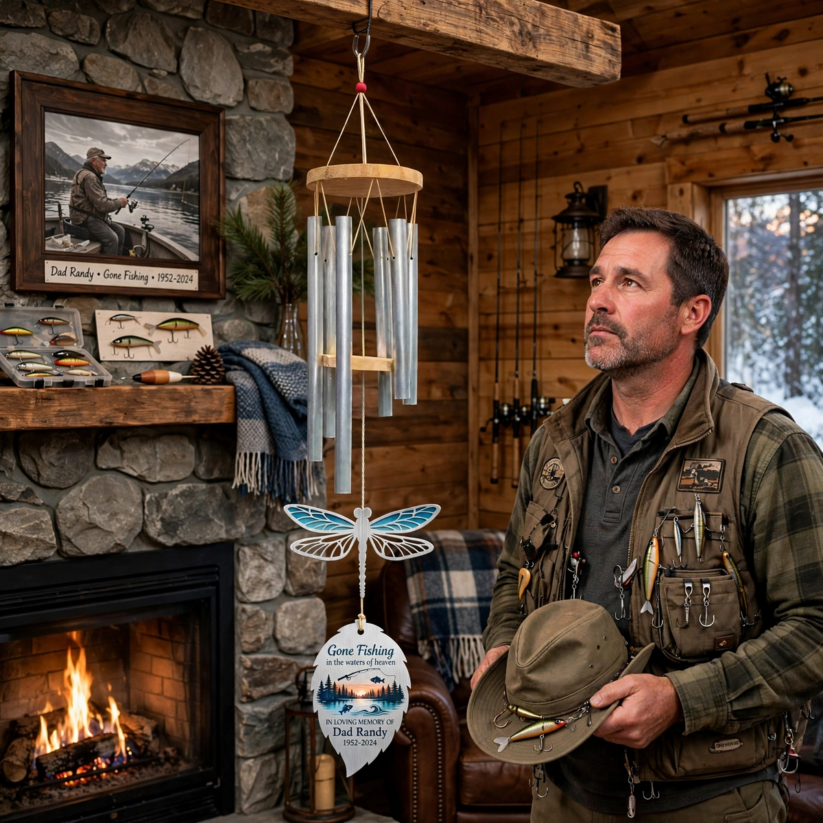 Memorial Wind Chimes For Loss Of Father, Personalized Dad Gone Fishing Remembrance Gift