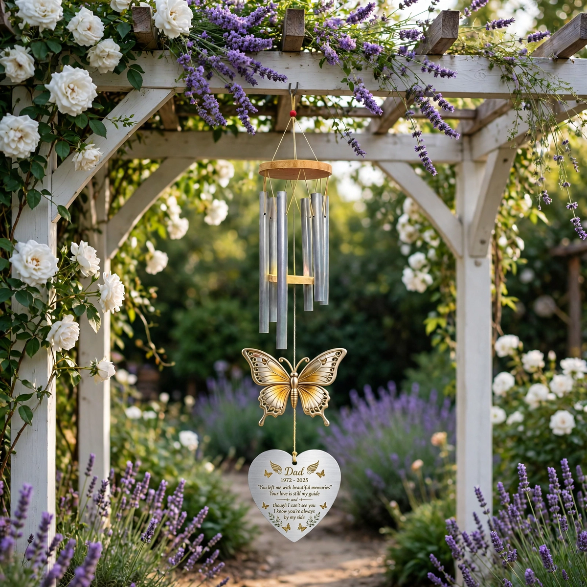 Memorial Wind Chimes For Loss Of Father, Custom Butterfly Heart Dad Gift