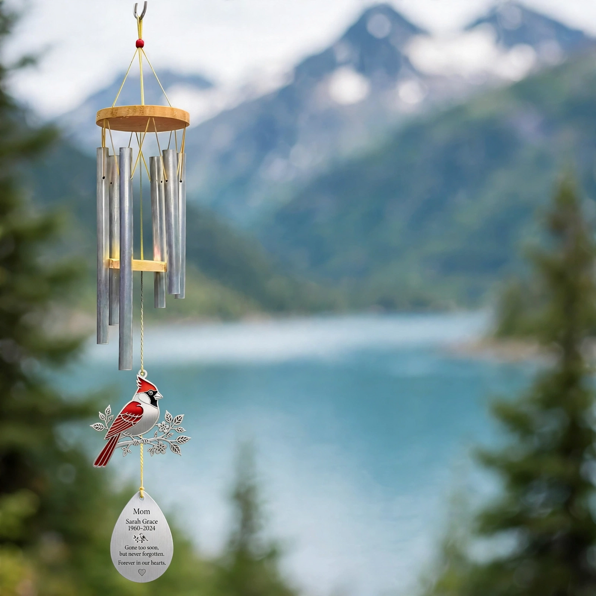 Personalized Memorial Wind Chimes For Loss Of Mother, Silver Red Cardinal