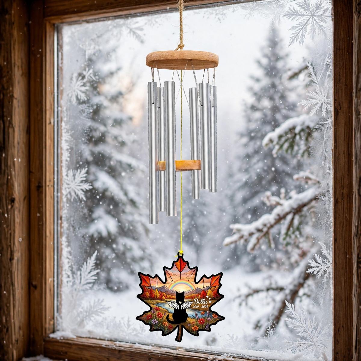 Rainbow Bridge Wind Chime, Cat Memorial Sympathy Gift, Autumn Maple Leaf