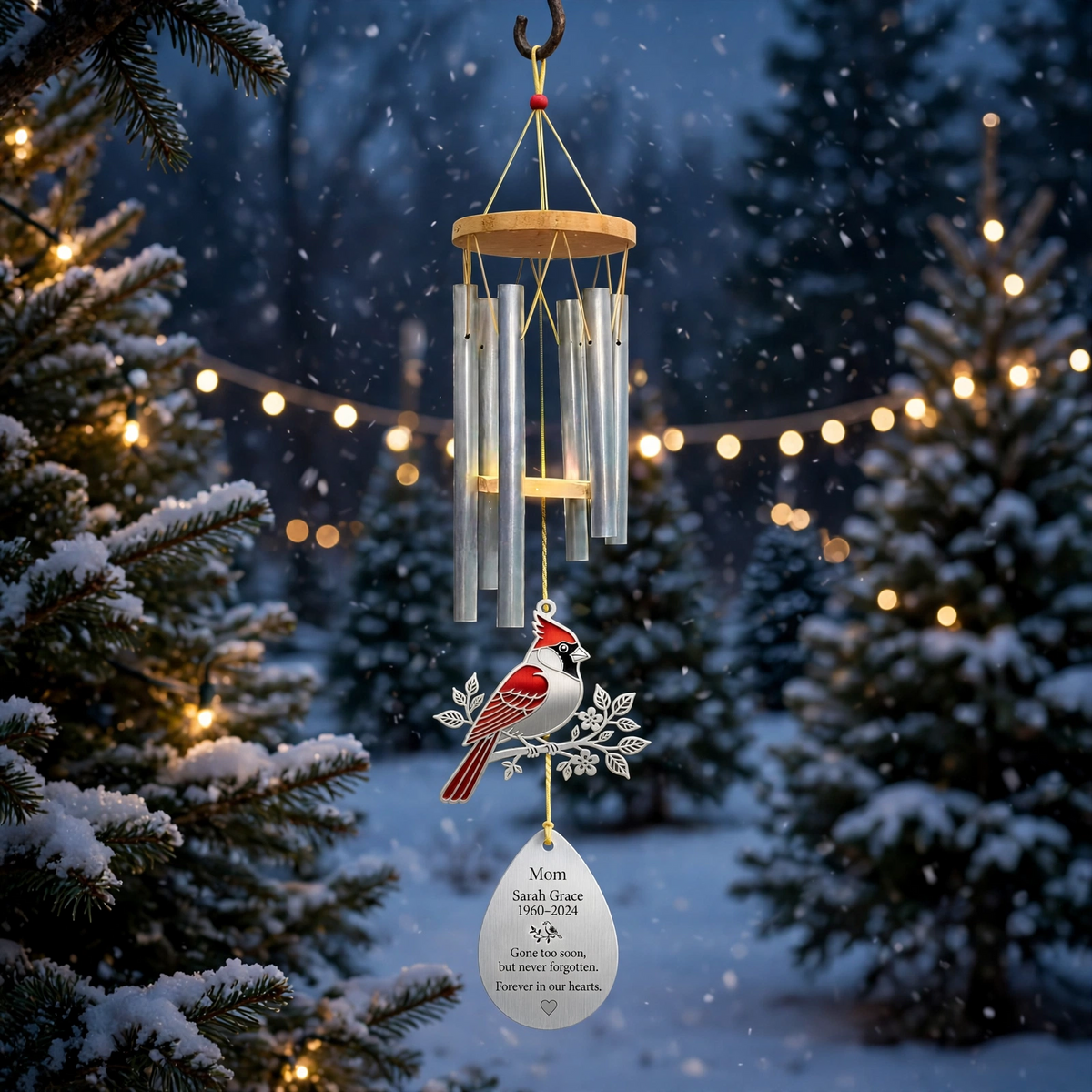 Personalized Memorial Wind Chimes For Loss Of Mother, Silver Red Cardinal