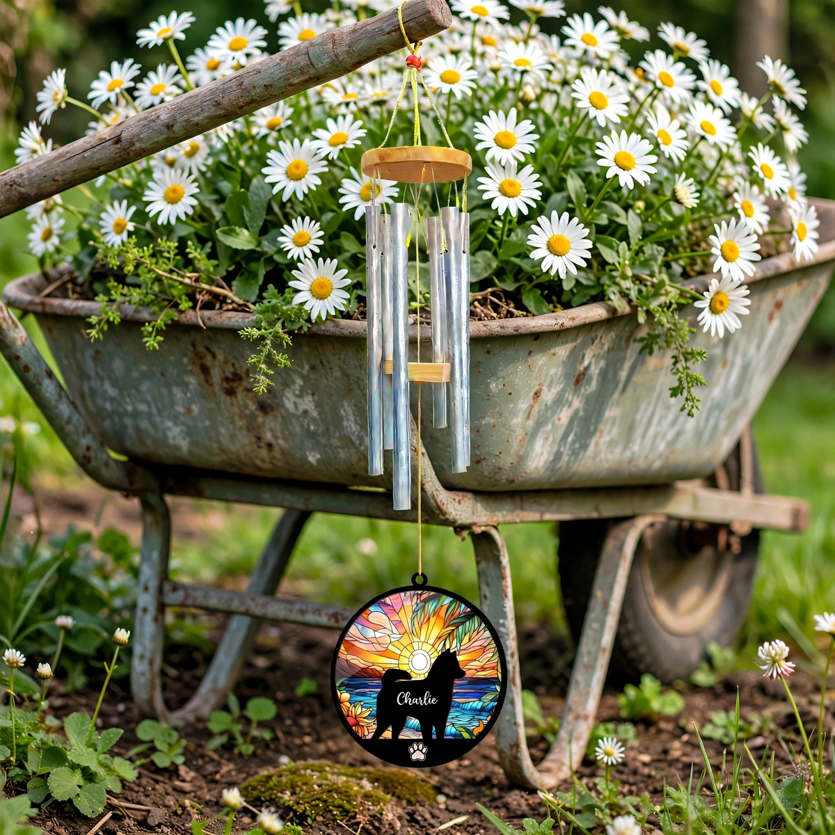 Rainbow Bridge Wind Chime, Personalized Dog Memorial Gift, Circle Pet Decor