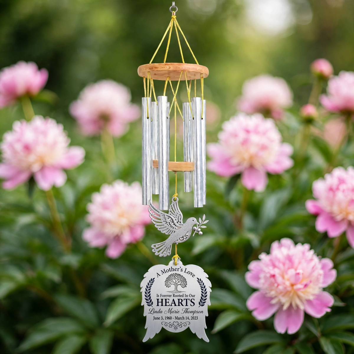 Personalized Memorial Wind Chimes For Loss Of Mother, Silver Angel Wings Dove Olive Branch Tree Of Life Plaque