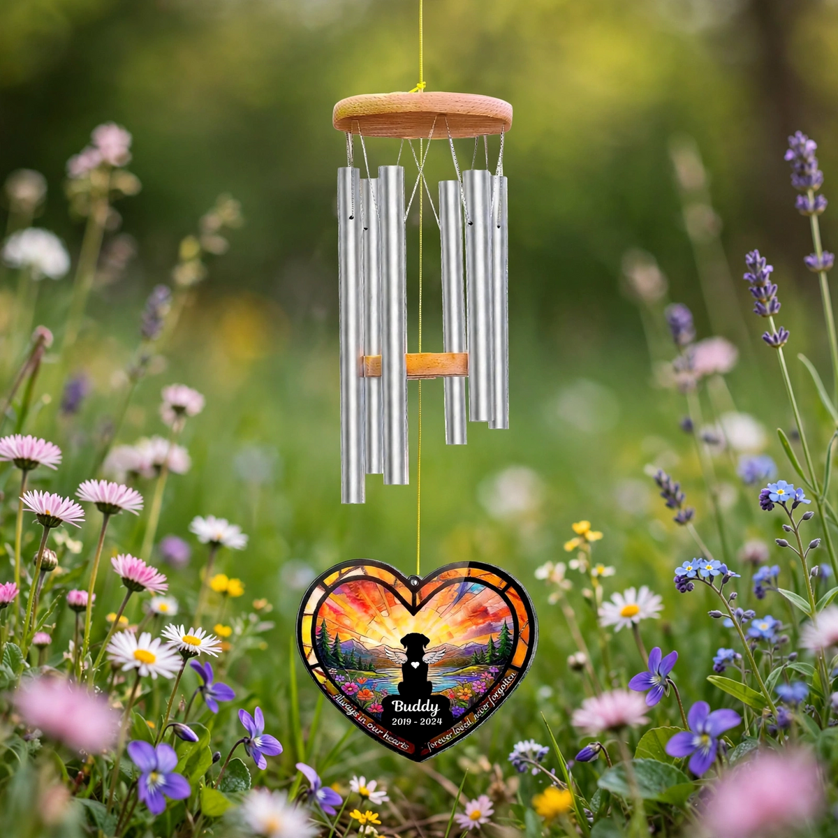 Rainbow Bridge Wind Chime, Dog Memorial Stained Glass Heart Plaque