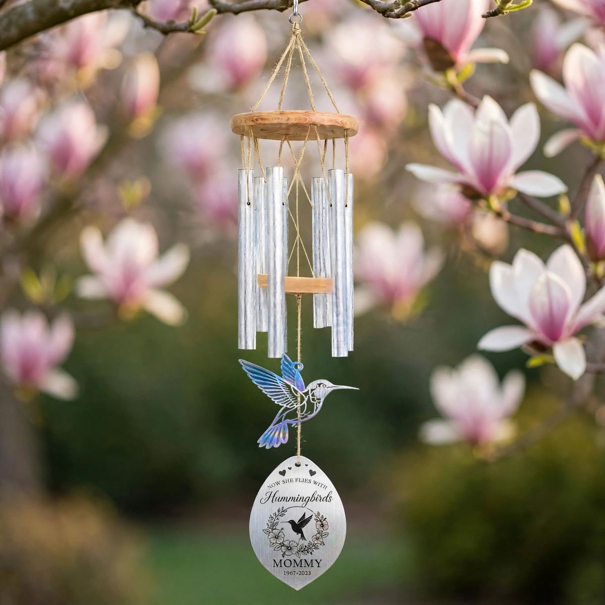 Personalized Memorial Wind Chimes For Loss Of Mother, Teal Purple Hummingbird Plaque, Aluminum Charm
