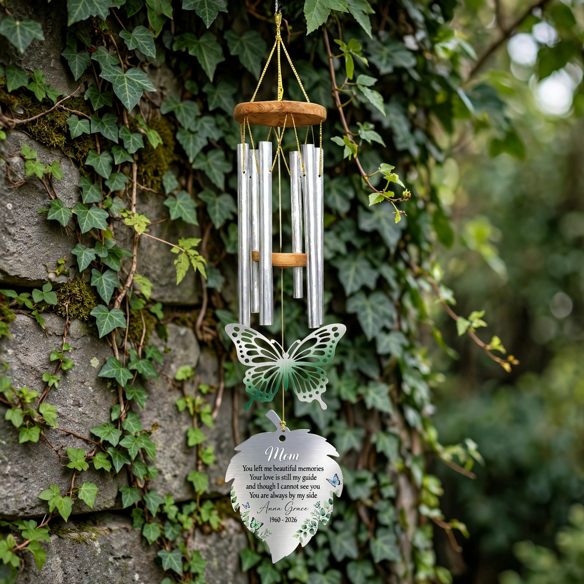 Personalized Memorial Wind Chimes For Loss Of Mother, Silver Butterfly Plaque