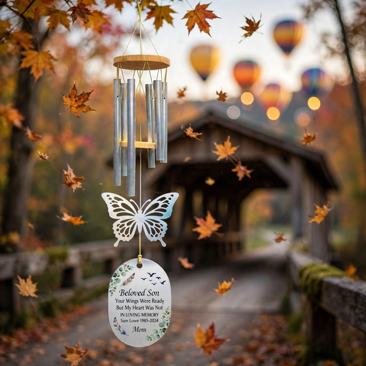 Personalized Memorial Wind Chimes For Loss Of Mother, Silver Iridescent Butterfly
