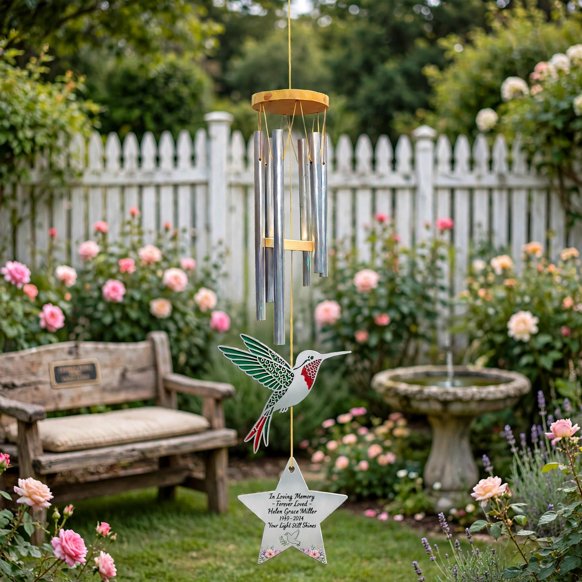 Personalized Memorial Wind Chimes, Star Pendant Hummingbird Chime