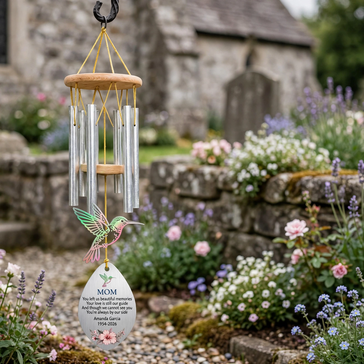 Personalized Memorial Wind Chimes For Loss Of Mother, Iridescent Hummingbird