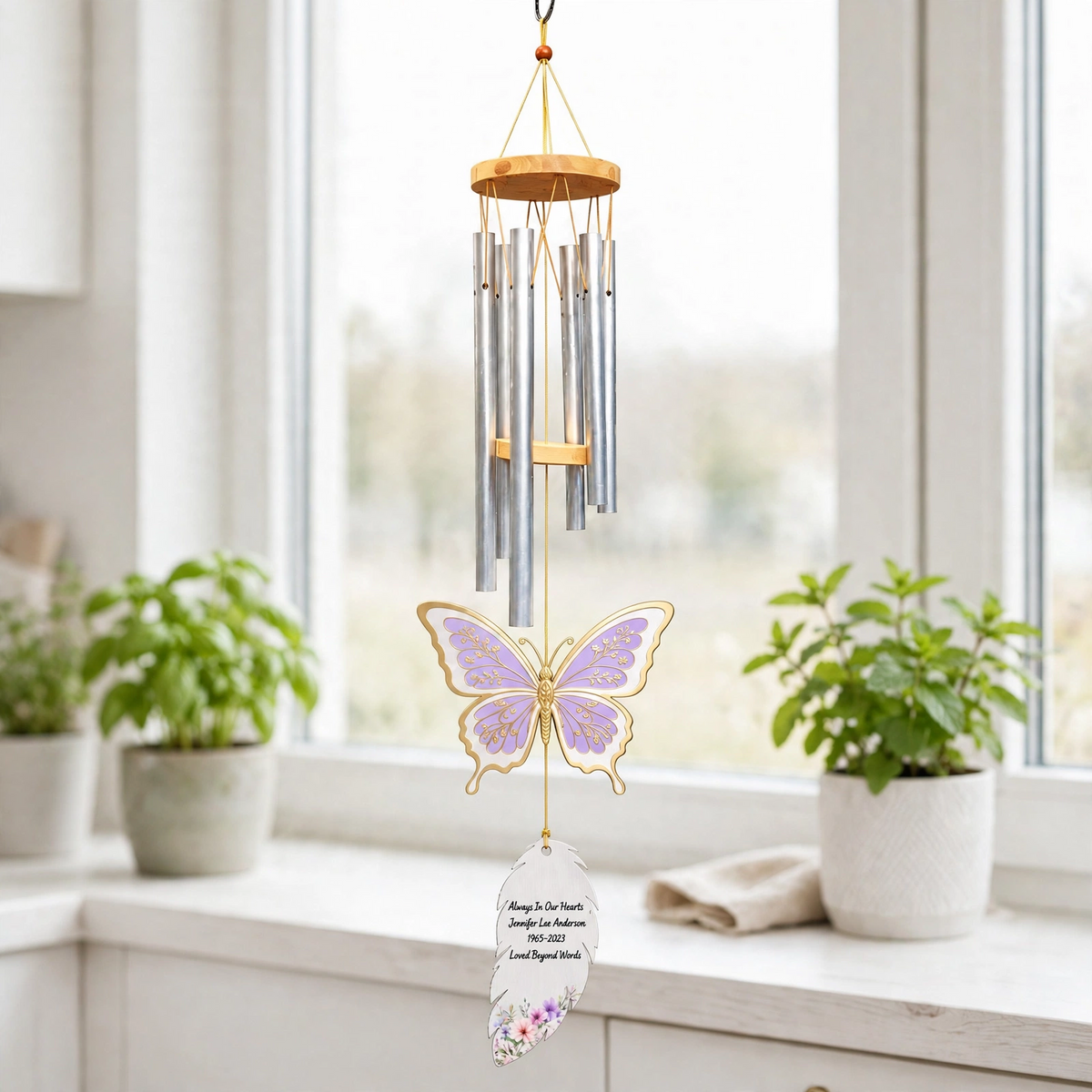 Personalized Memorial Wind Chimes Purple Butterfly Feather Sympathy Gift