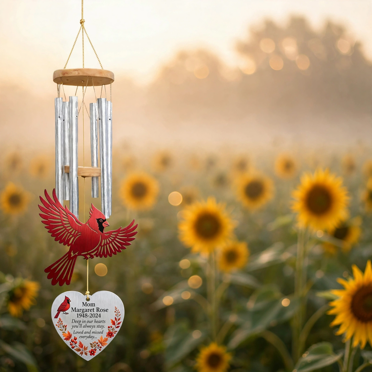 Personalized Memorial Wind Chimes For Loss Of Mother, Silver Heart Red Cardinal